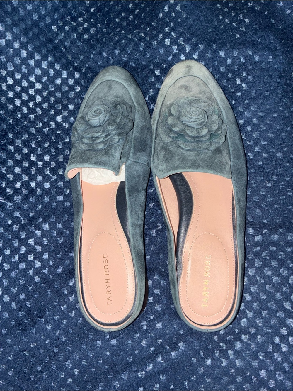 Taryn Rose Green Suede Floral Mule Loafers sz 5-5.5